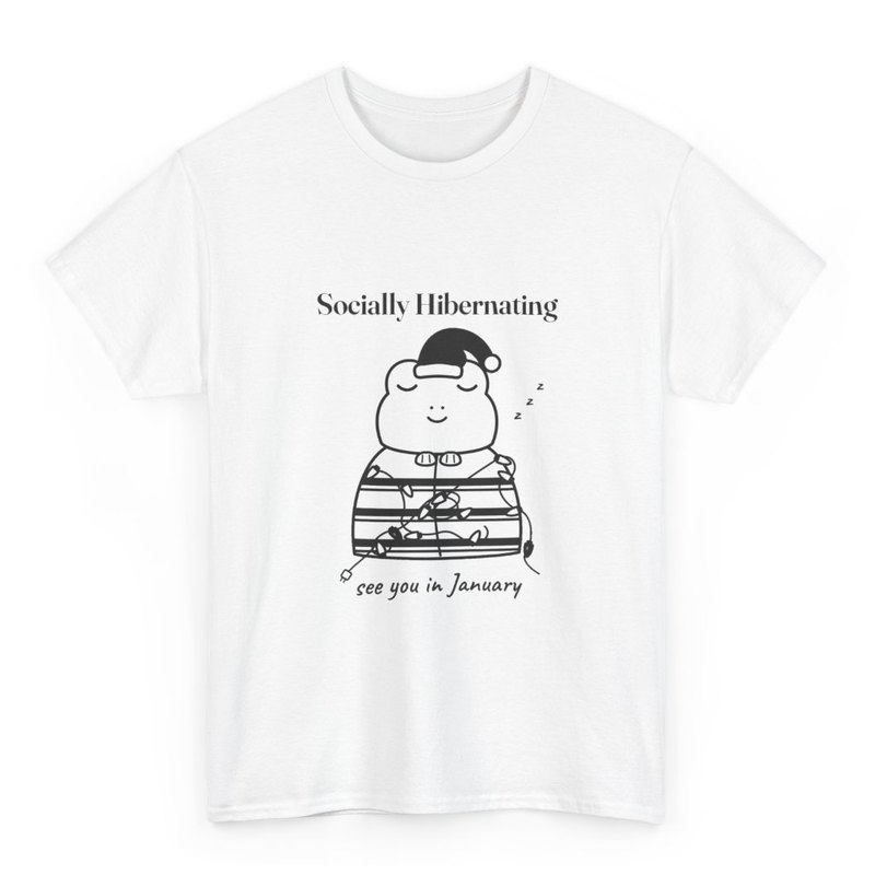 White tee printed with the Socially Hibernating Christmas frog in black and white