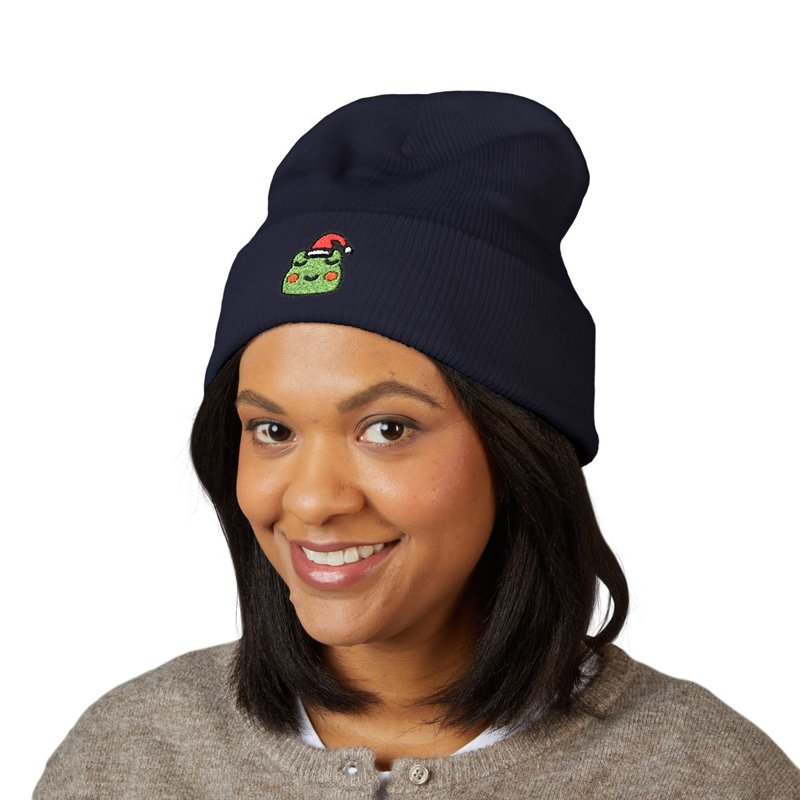 Navy cuffed beanie with the sleepy Christmas frog embroidered on the cuff