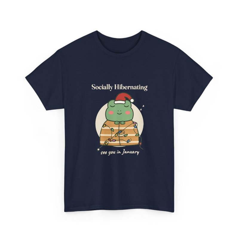 Navy tee printed with the Socially Hibernating Christmas frog